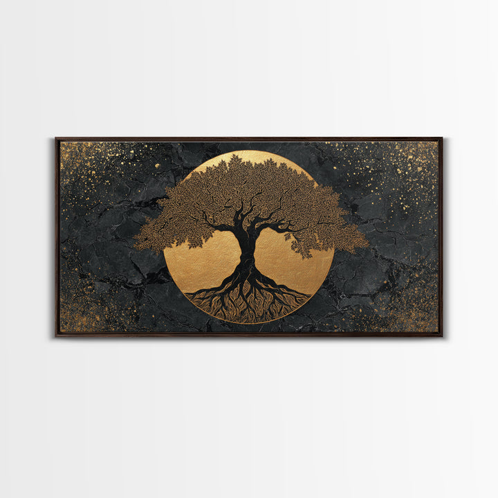 Elegant Tree Of Life Gold Canvas Print, Modern Sacred Geometry Wall Art, Mystical Symbol Artwork, Real Wood Frame Decor