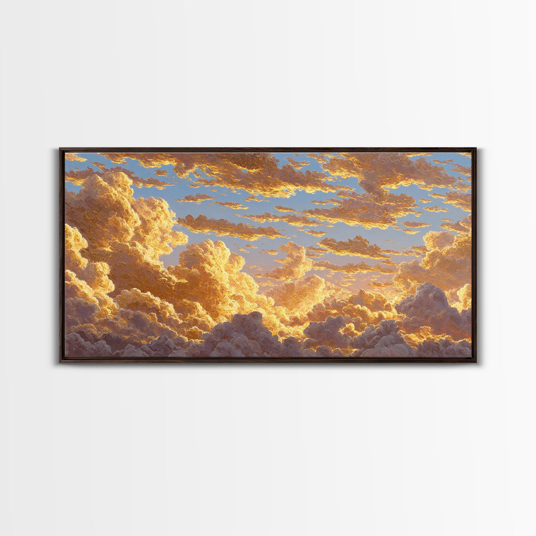Golden Clouds Gold Canvas Art, Sky And Light Filled Cloudscape Canvas Print, Real Wood Frame Wall Décor, Dreamy Atmospheric Artwork