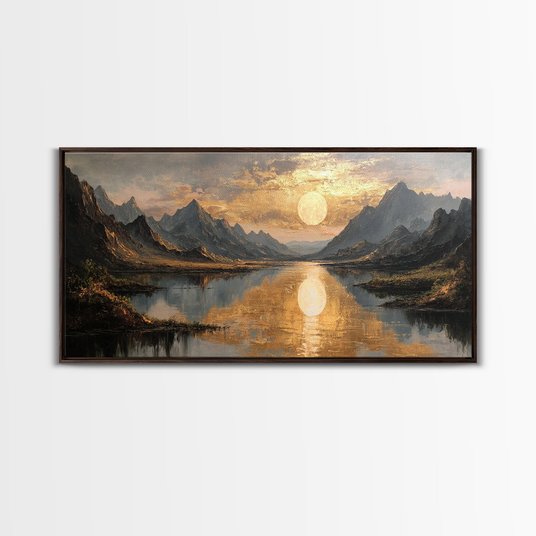 Mountain Lake Gold Canvas Print, Golden Sun Over Peaks And Reflection Art, Real Wood Frame Wall Décor, Tranquil Landscape Artwork