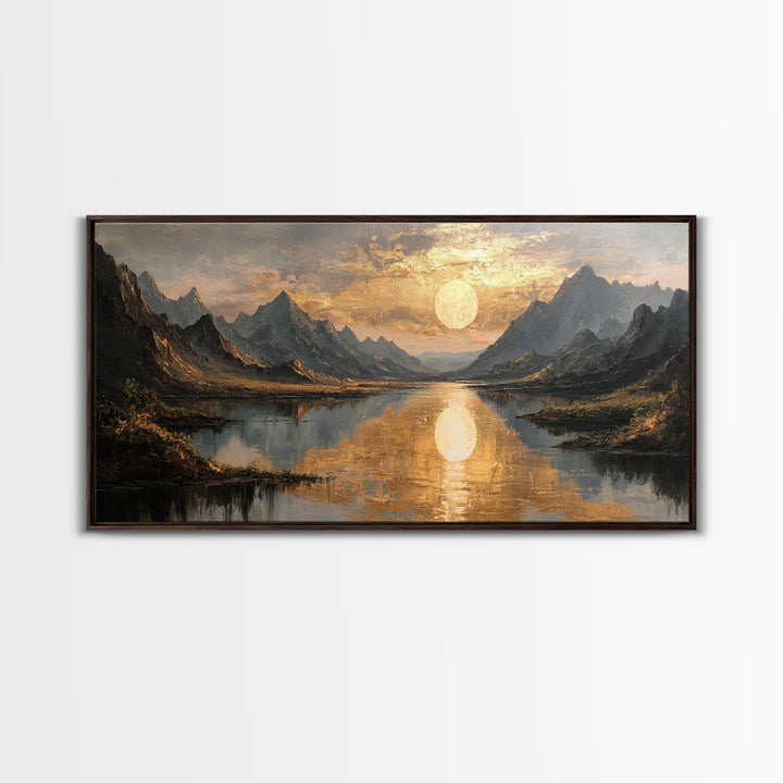 Mountain Lake Gold Canvas Print, Golden Sun Over Peaks And Reflection Art, Real Wood Frame Wall Décor, Tranquil Landscape Artwork