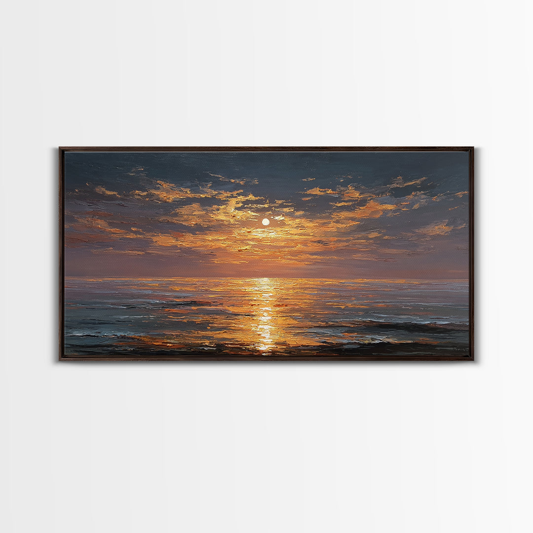 Ocean Sunset Gold Canvas Print, Radiant Sunlight Over Waves Artwork, Real Wood Frame Wall Décor, Coastal Seascape Glow Art