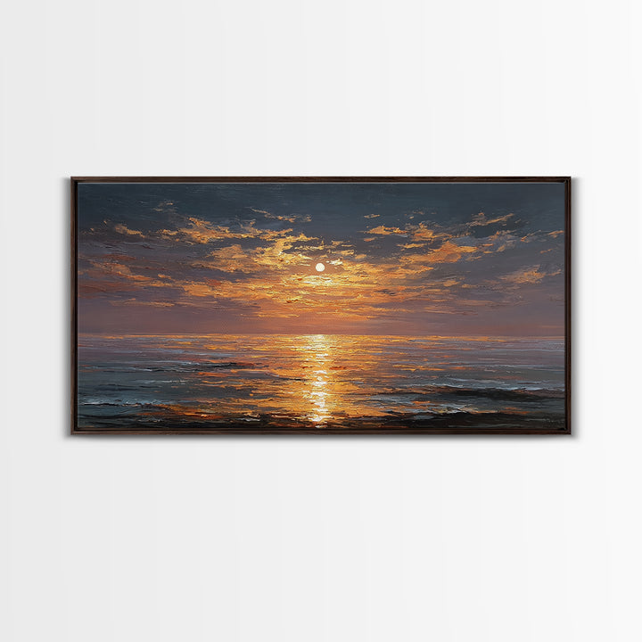 Ocean Sunset Gold Canvas Print, Radiant Sunlight Over Waves Artwork, Real Wood Frame Wall Décor, Coastal Seascape Glow Art
