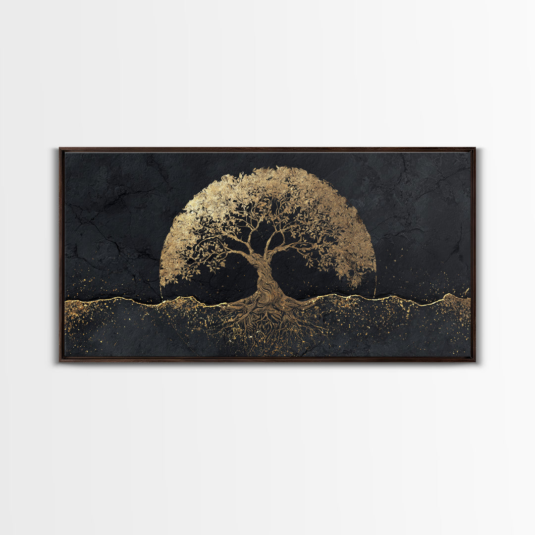 Sacred Tree Gold Canvas Art, Symbolic Roots And Branches Canvas Print, Real Wood Frame Wall Décor, Mystical Spiritual Nature Artwork