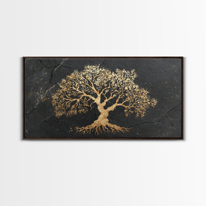 Ancient Oak Gold Canvas Print, Timeless Tree Of Life Design Artwork, Real Wood Frame Wall Décor, Nature Inspired Mystical Symbol Art