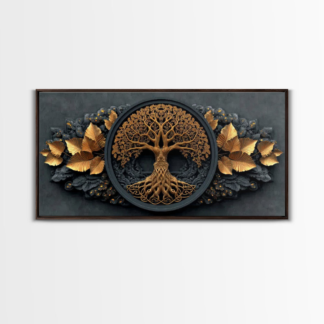 Decorative Tree Of Life Gold Canvas Art, Ornate Circle Design Canvas Print, Real Wood Frame Wall Décor, Luxurious Nature Inspired Artwork