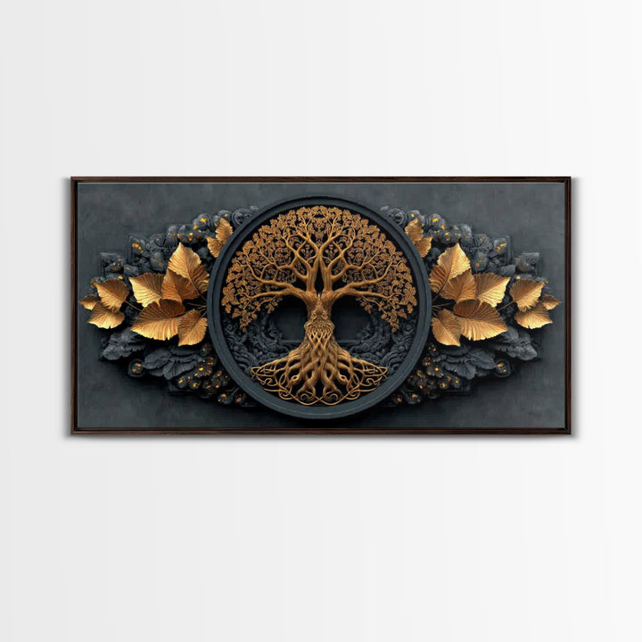 Decorative Tree Of Life Gold Canvas Art, Ornate Circle Design Canvas Print, Real Wood Frame Wall Décor, Luxurious Nature Inspired Artwork
