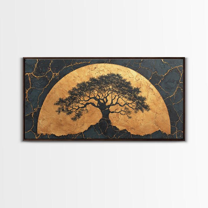 Golden Horizon Tree Gold Canvas Print, Majestic Nature Symbol Artwork, Real Wood Frame Wall Décor, Sacred Celestial Inspired Art