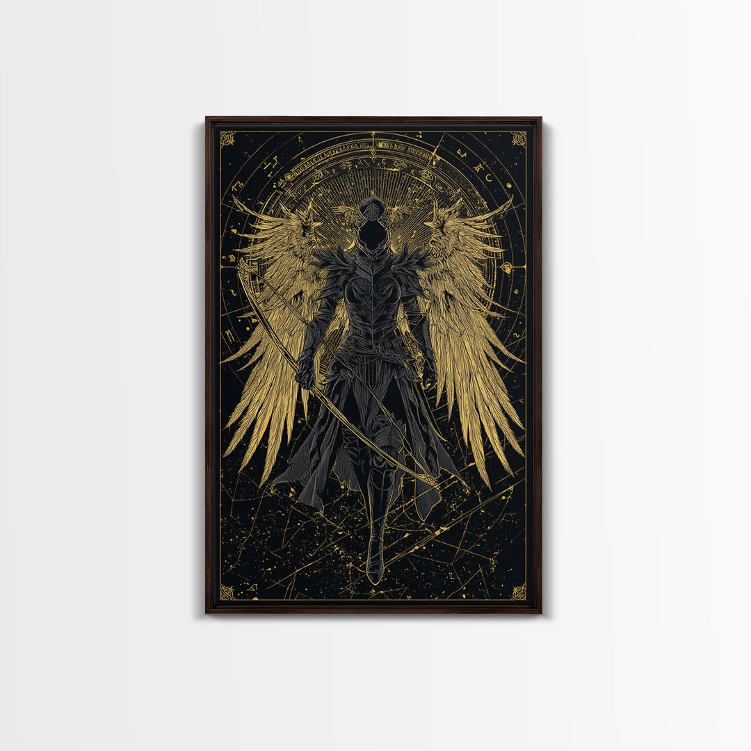 Armored Angel Gold Canvas Art, Celestial Guardian With Bow Canvas Print, Real Wood Frame Wall Décor, Mythology Warrior Artwork