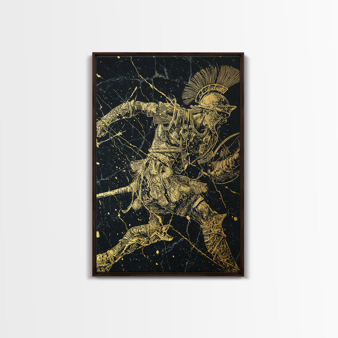 Roman Gladiator Gold Canvas Print, Ancient Warrior Art On Canvas, Real Wood Frame Wall Décor, Historical Mythology Artwork