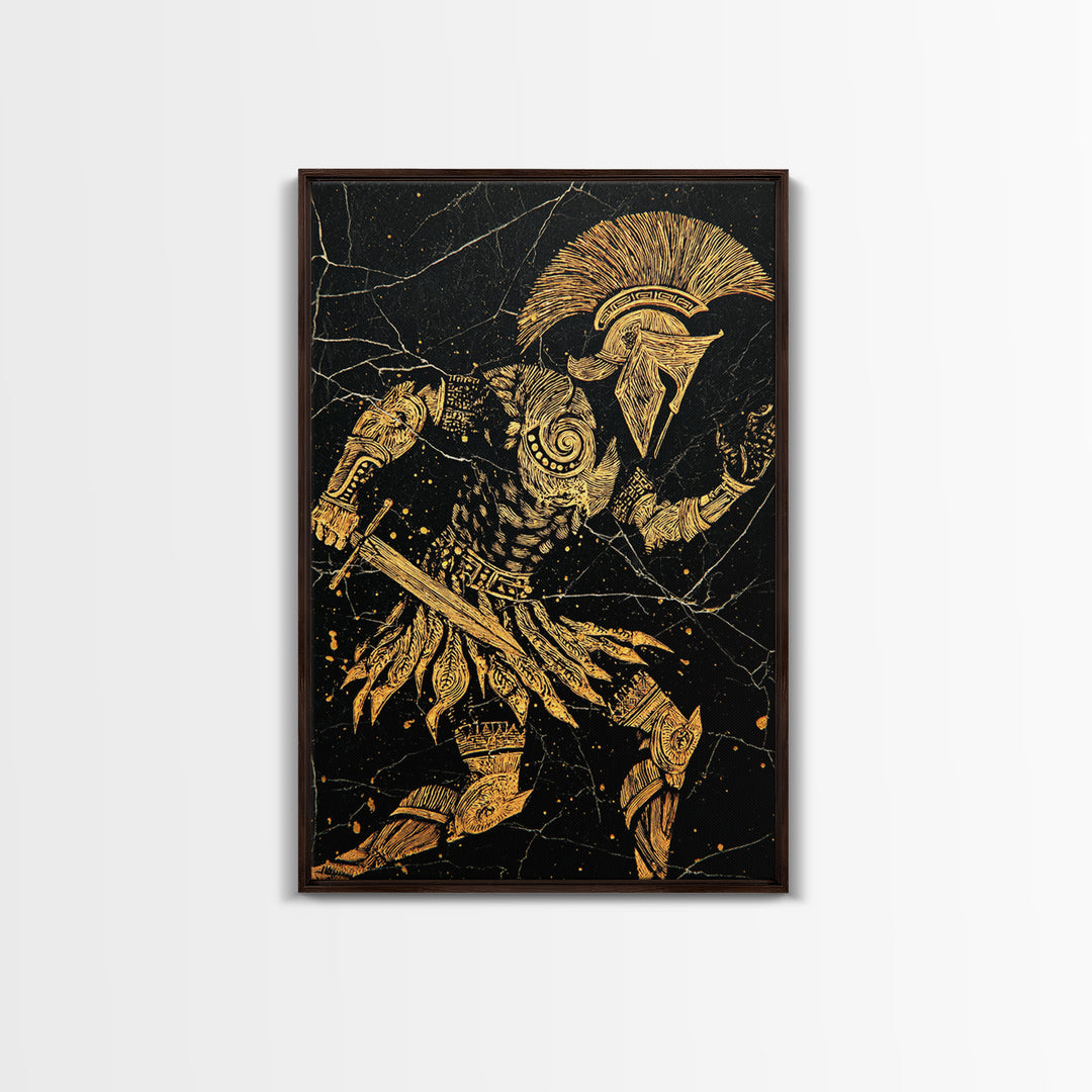 Spartan Warrior Gold Canvas Art, Ancient Soldier Canvas Print, Real Wood Frame Wall Décor, Heroic Mythology Battle Artwork