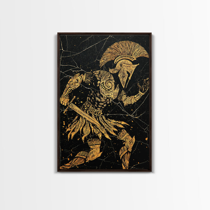 Spartan Warrior Gold Canvas Art, Ancient Soldier Canvas Print, Real Wood Frame Wall Décor, Heroic Mythology Battle Artwork