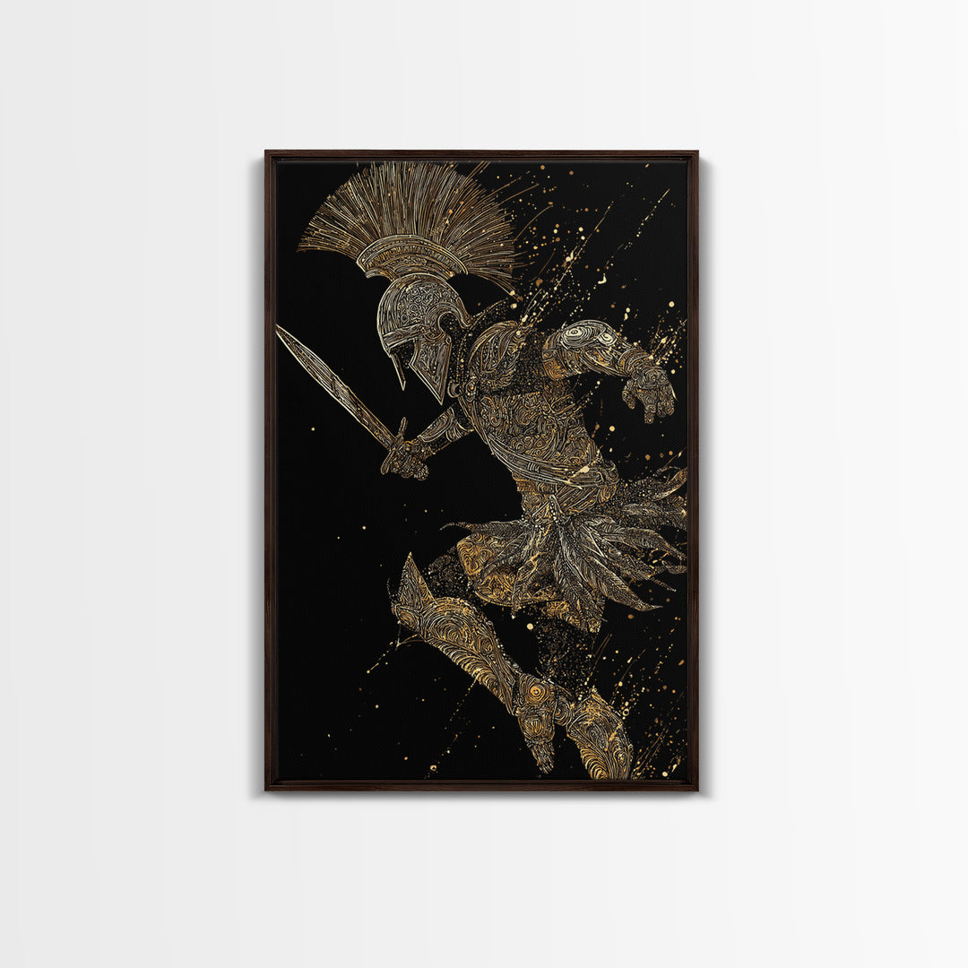 Charging Gladiator Gold Canvas Print, Warrior In Action Art On Canvas, Real Wood Frame Décor, Ancient Mythology Artwork