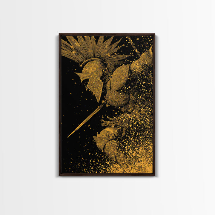 Epic Spartan Gold Canvas Art, Ancient Battle Warrior Canvas Print, Real Wood Frame Wall Décor, Heroic Mythology Statement Artwork