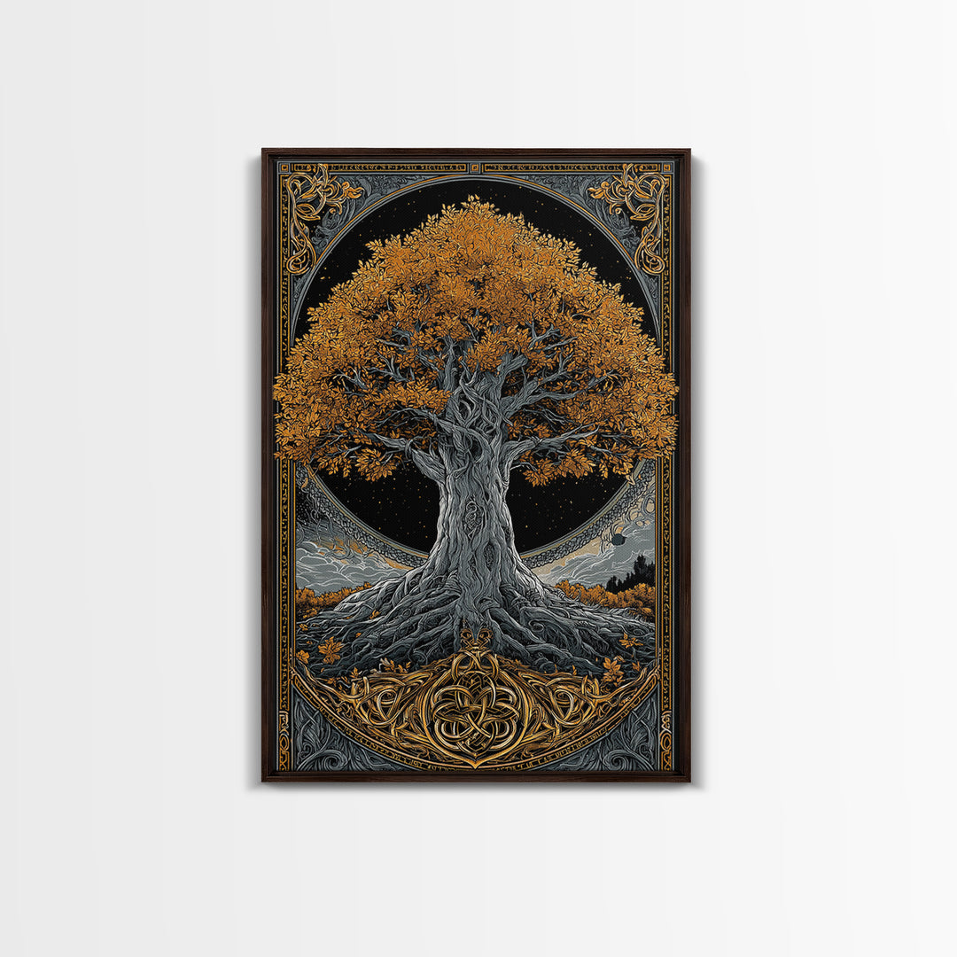 Yggdrasil Tree Gold Canvas Print, Norse Mythology Art On Canvas, Real Wood Frame Wall Décor, Sacred Viking Symbol Artwork