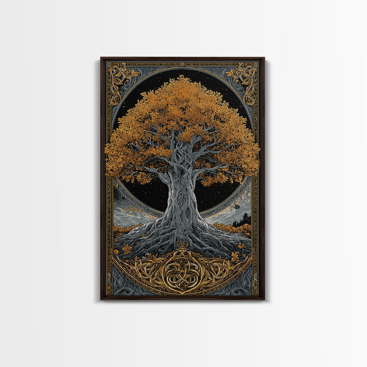 Yggdrasil Tree Gold Canvas Print, Norse Mythology Art On Canvas, Real Wood Frame Wall Décor, Sacred Viking Symbol Artwork