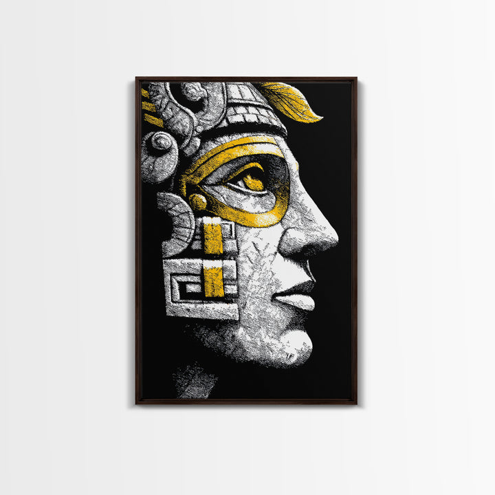Aztec Warrior Gold Canvas Art, Ancient Tribal Mask Canvas Print, Real Wood Frame Wall Décor, Pre-Columbian Mythology Artwork
