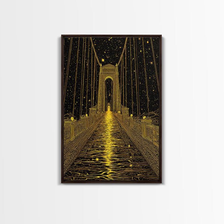 Celestial Bridge Gold Canvas Print, Fantasy Gateway Art On Canvas, Real Wood Frame Wall Décor, Mystical Night Sky Artwork