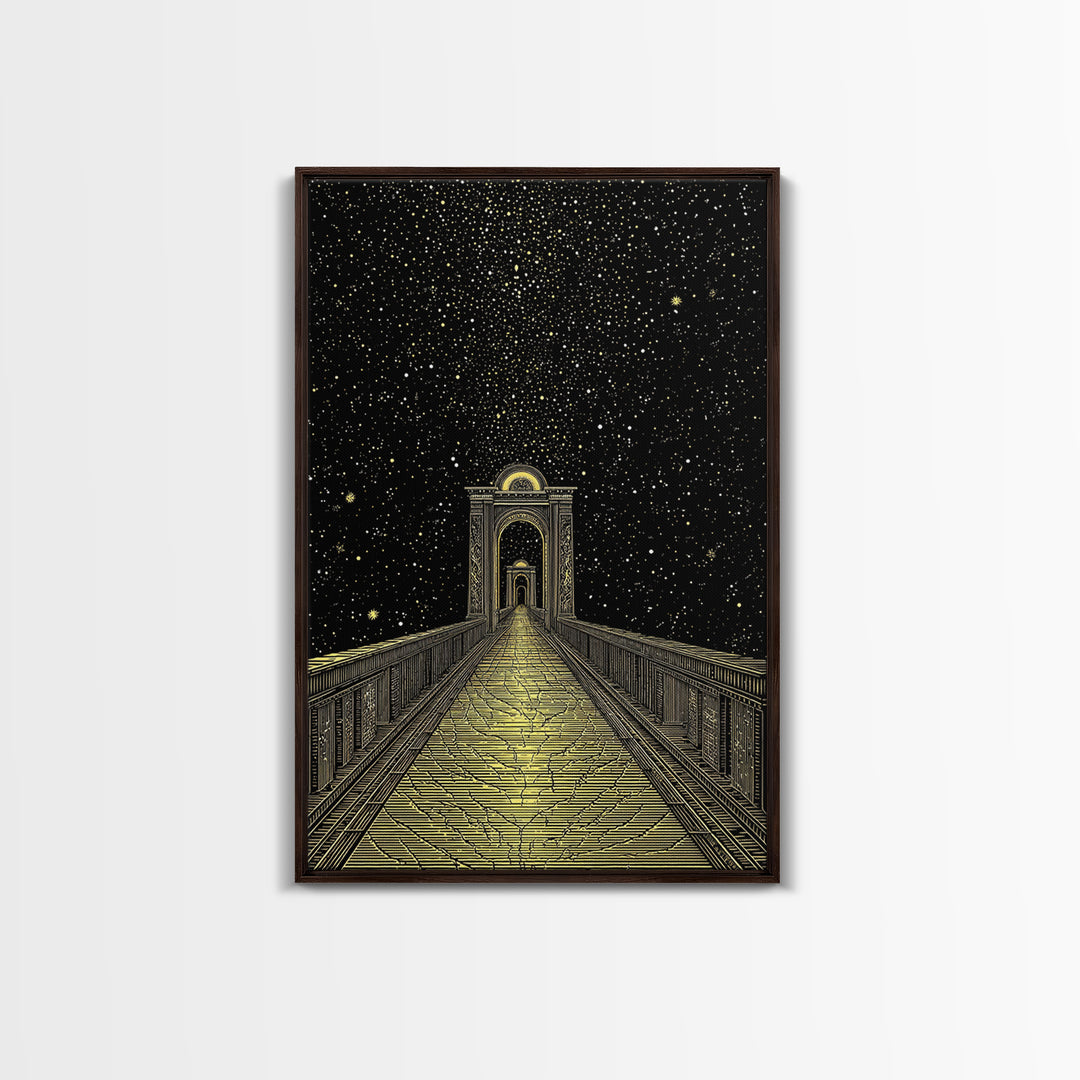 Starlit Path Gold Canvas Art, Fantasy Bridgeway Canvas Print, Real Wood Frame Wall Décor, Celestial Mythology Dream Artwork