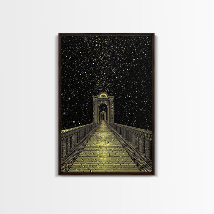Starlit Path Gold Canvas Art, Fantasy Bridgeway Canvas Print, Real Wood Frame Wall Décor, Celestial Mythology Dream Artwork