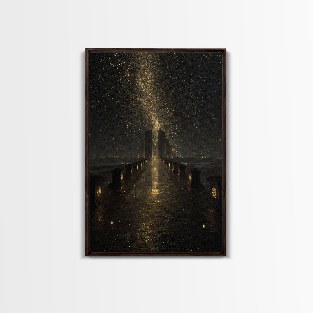 Cosmic Gateway Gold Canvas Print, Mystical Fantasy Bridge Art On Canvas, Real Wood Frame Décor, Starry Sky Celestial Artwork