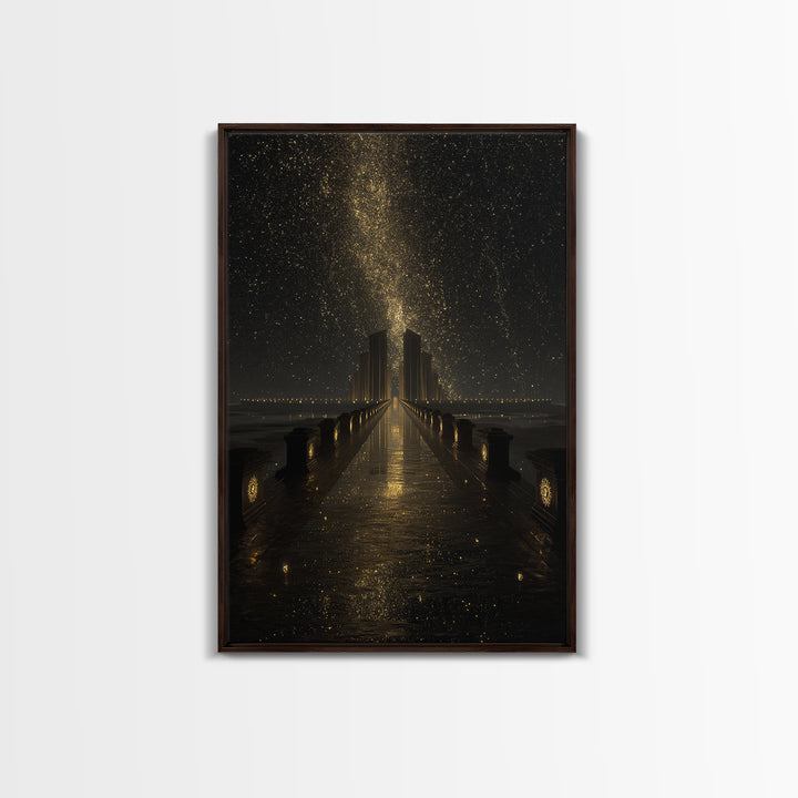 Cosmic Gateway Gold Canvas Print, Mystical Fantasy Bridge Art On Canvas, Real Wood Frame Décor, Starry Sky Celestial Artwork