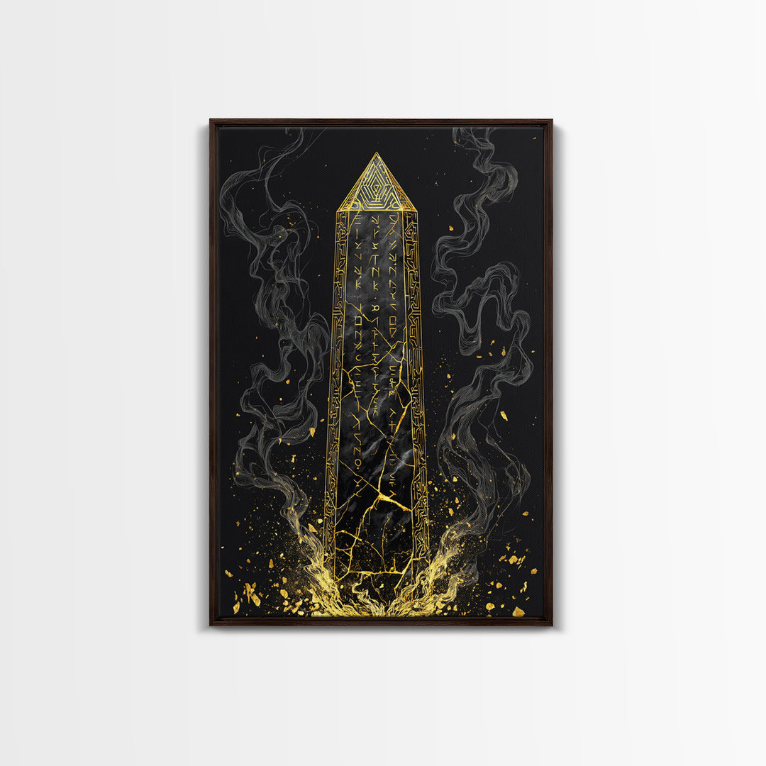 Runic Obelisk Gold Canvas Art, Mystical Stone Wall Print On Canvas, Real Wood Frame Decor, Ancient Fantasy Symbolic Artwork