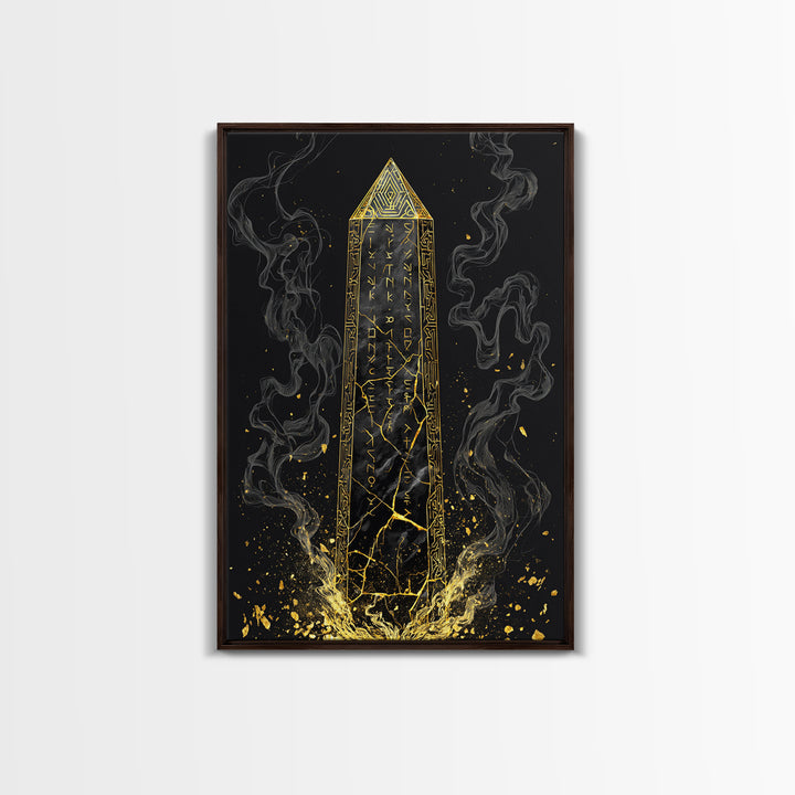 Runic Obelisk Gold Canvas Art, Mystical Stone Wall Print On Canvas, Real Wood Frame Decor, Ancient Fantasy Symbolic Artwork
