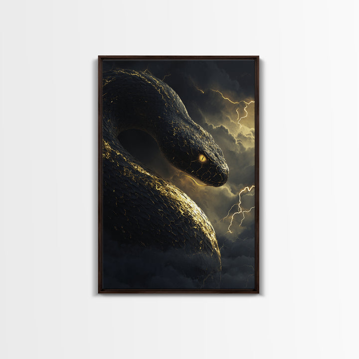 Mythical Serpent Gold Canvas Art, Norse Jormungandr Snake Canvas Print, Real Wood Frame Wall Décor, Fantasy Mythology Creature Artwork