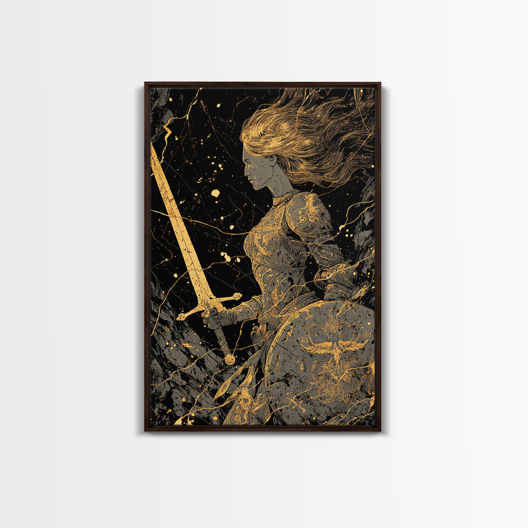Warrior Maiden Gold Canvas Print, Female Knight With Sword And Shield Artwork, Real Wood Frame Wall Décor, Heroic Fantasy Art
