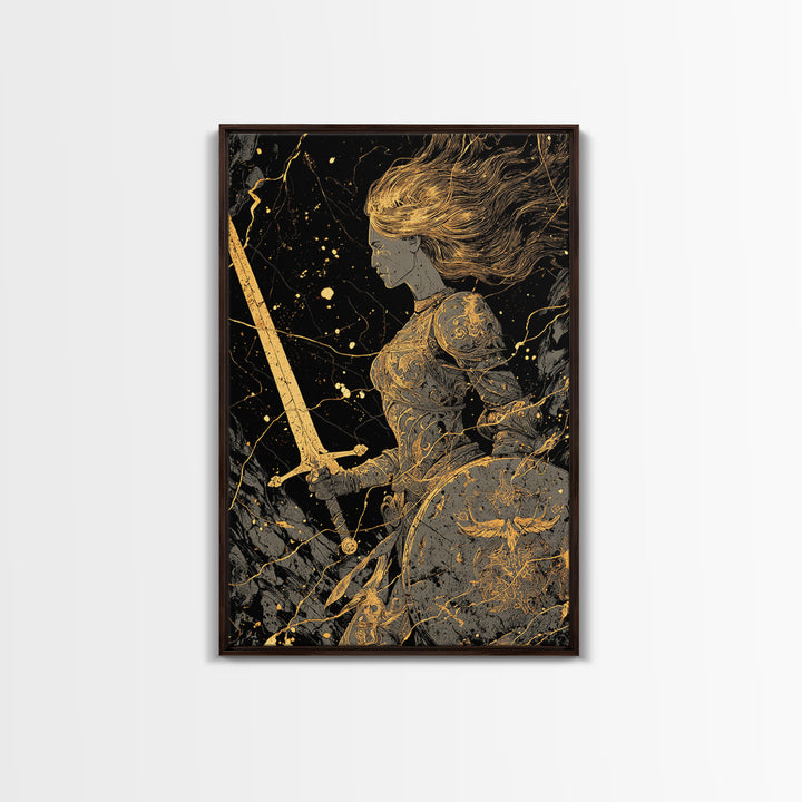 Warrior Maiden Gold Canvas Print, Female Knight With Sword And Shield Artwork, Real Wood Frame Wall Décor, Heroic Fantasy Art