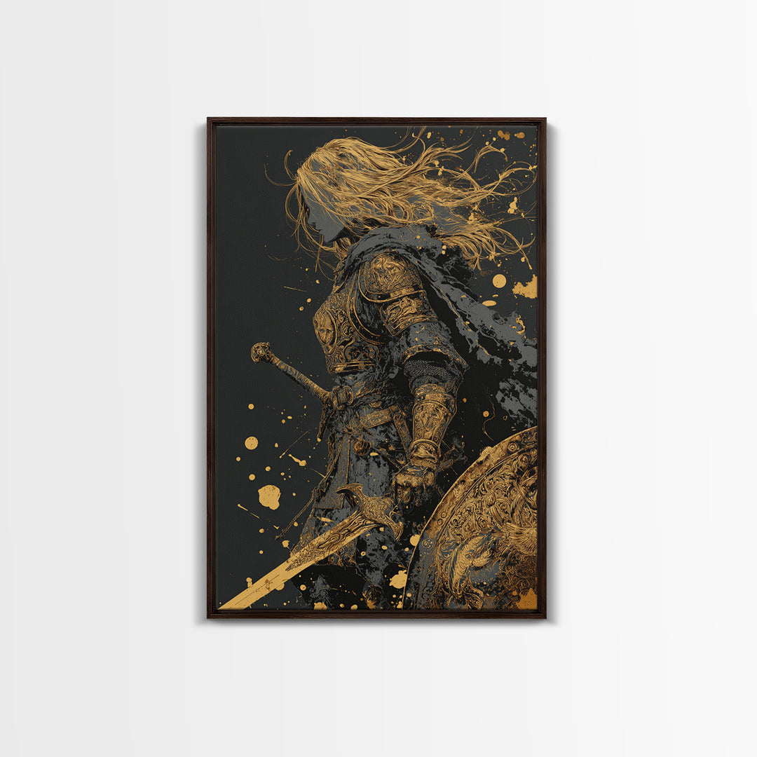 Golden Armored Knight Gold Canvas Art, Female Warrior With Sword And Shield Canvas Print, Real Wood Frame Wall Décor, Mythic Battle Art