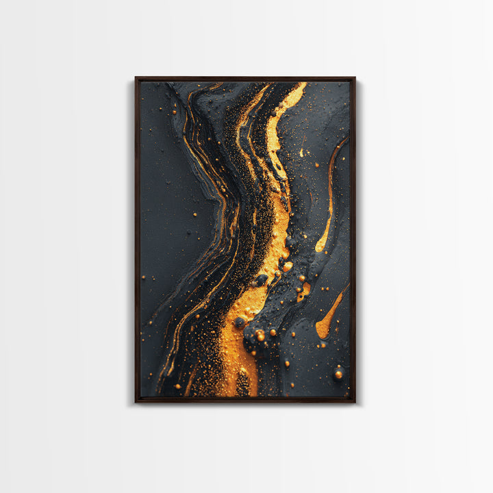 Abstract Gold Flow Art, Modern Luxury Canvas Print With Real Wood Frame, Fluid River Inspired Wall Décor, Contemporary Statement Artwork