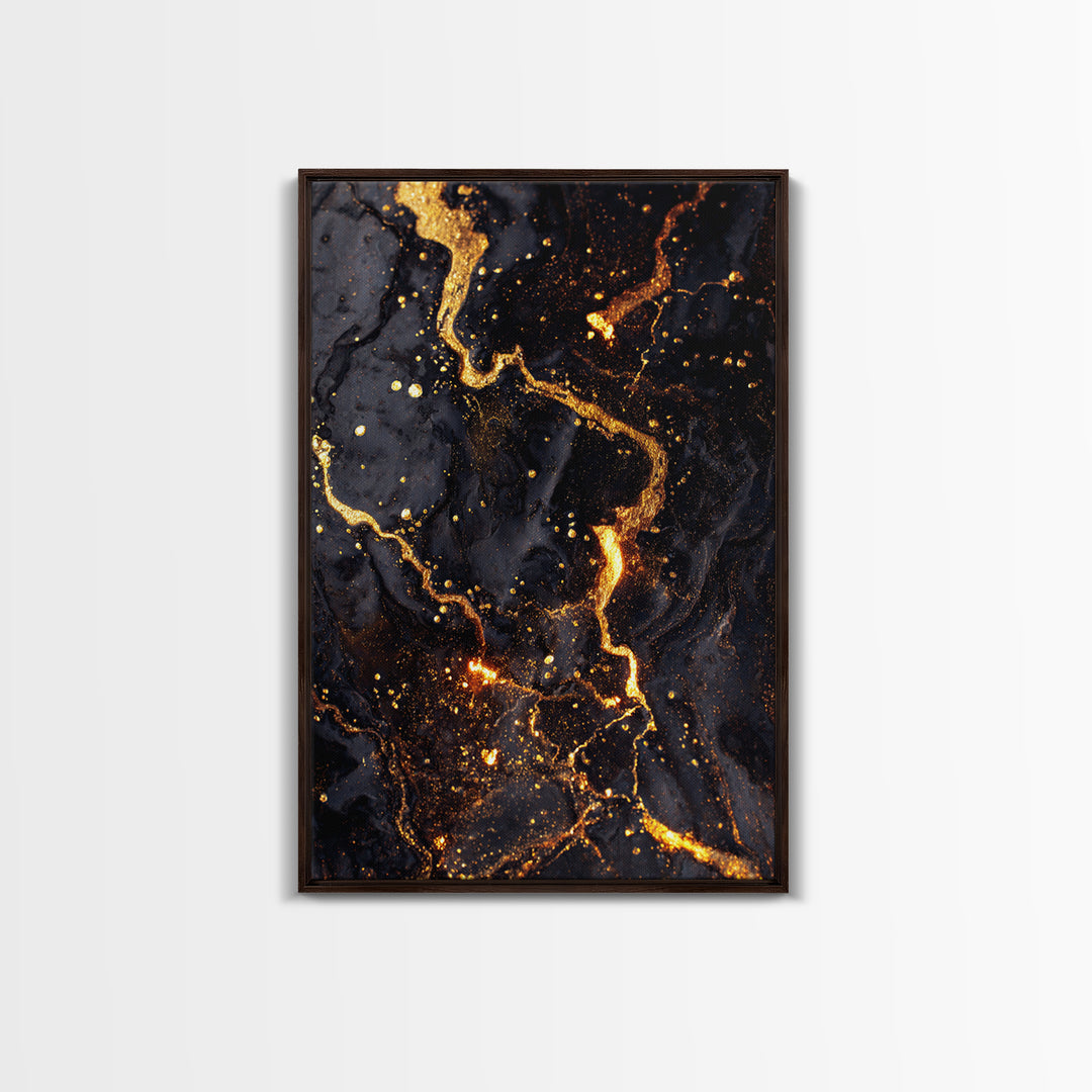 Abstract Lava Veins Gold Canvas Print, Modern Luxury Flow Artwork On Canvas, Real Wood Frame Wall Décor, Dramatic Statement Art