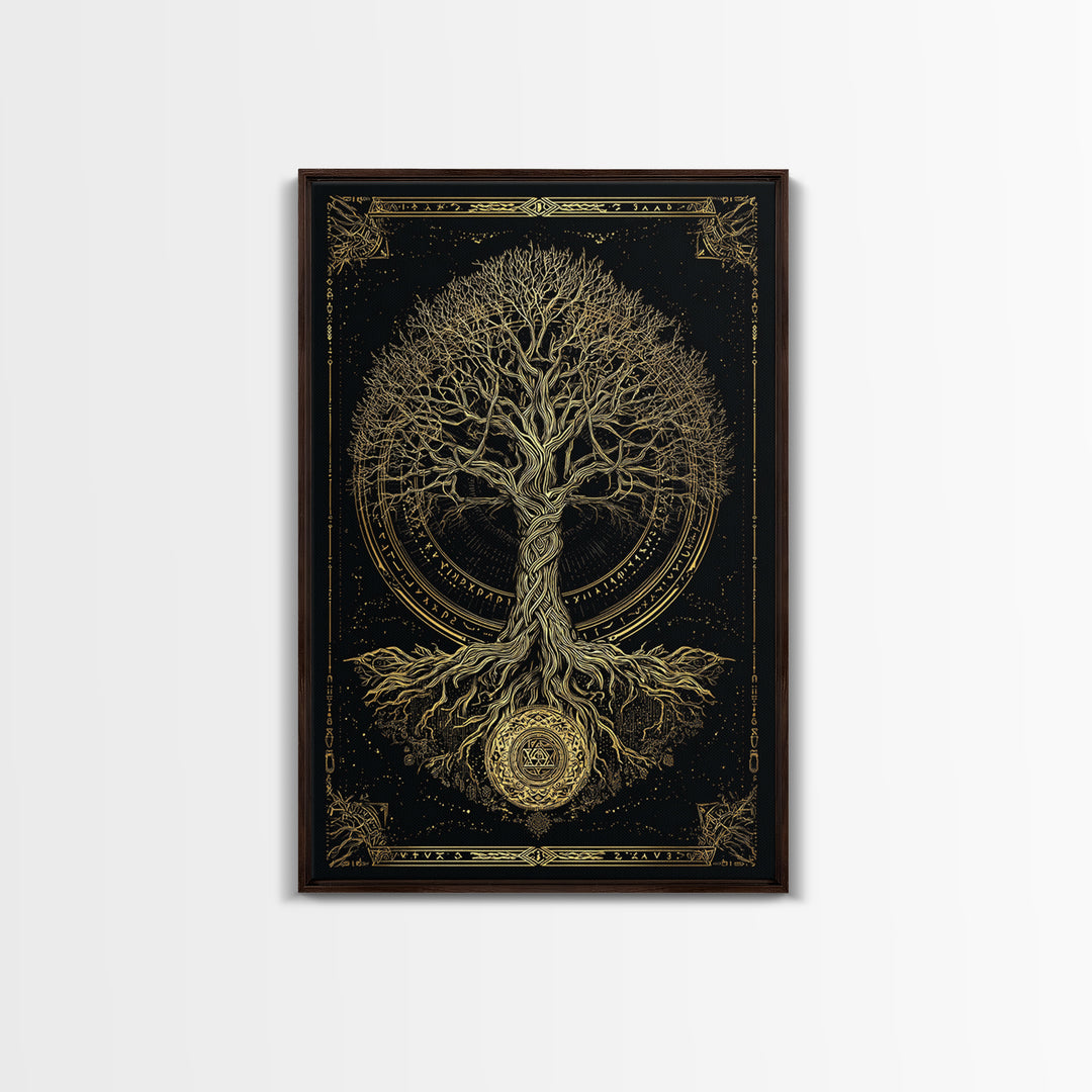 Sacred Yggdrasil Gold Canvas Art, Norse Mythology Tree Of Life Canvas Print, Real Wood Frame Wall Décor, Mystical Viking Symbol Artwork