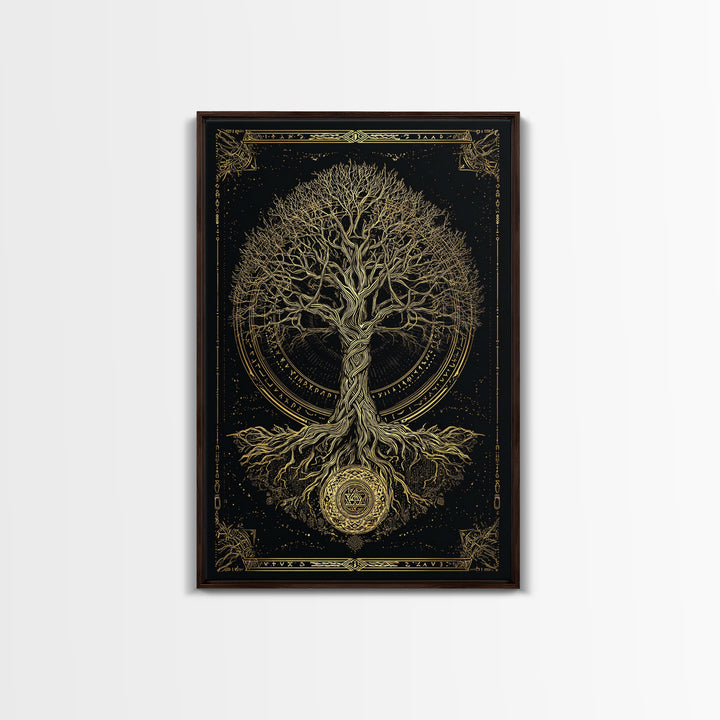 Sacred Yggdrasil Gold Canvas Art, Norse Mythology Tree Of Life Canvas Print, Real Wood Frame Wall Décor, Mystical Viking Symbol Artwork