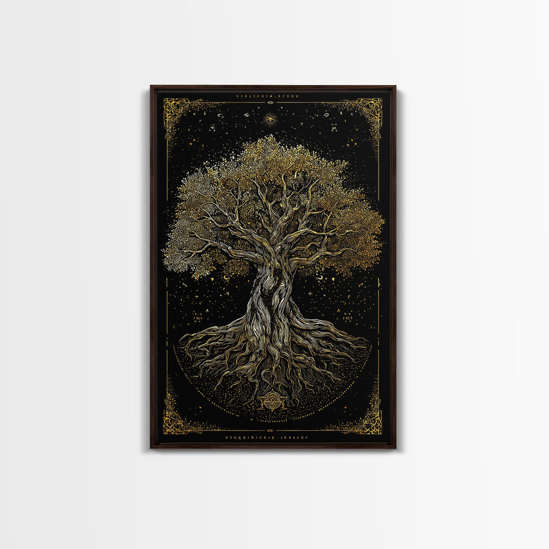 Ancient Cosmic Tree Gold Canvas Print, Norse Mythology Inspired Yggdrasil Artwork, Real Wood Frame Wall Décor, Mystical Fantasy Art