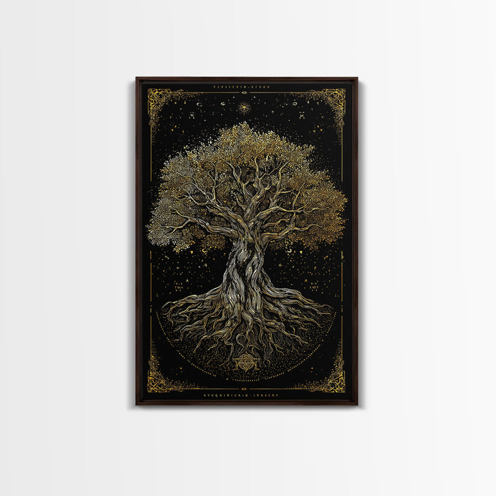 Ancient Cosmic Tree Gold Canvas Print, Norse Mythology Inspired Yggdrasil Artwork, Real Wood Frame Wall Décor, Mystical Fantasy Art