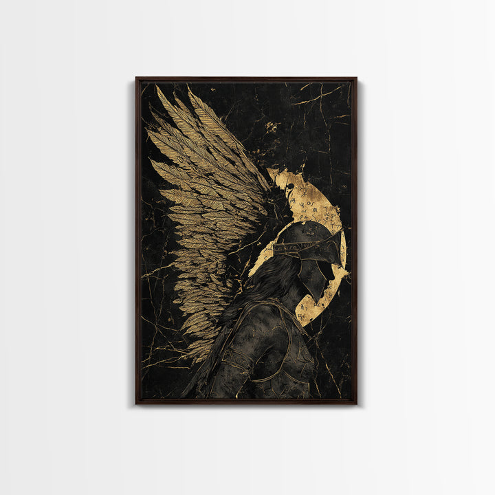 Winged Warrior Gold Canvas Print, Angelic Guardian Art On Canvas, Real Wood Frame Decor, Mythology Spiritual Wall Artwork