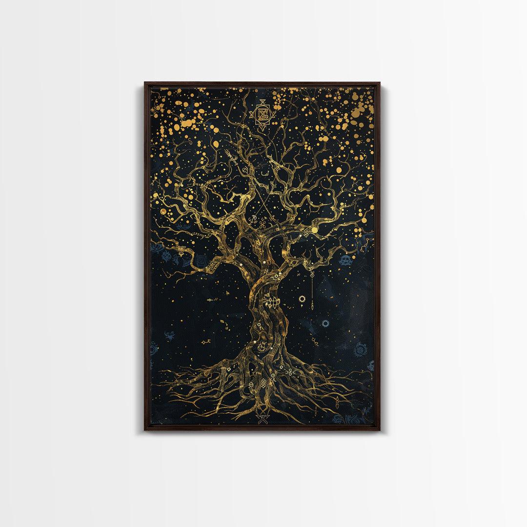Mystical Tree Of Life Gold Canvas Art, Celestial Symbolic Nature Canvas Print, Real Wood Frame Wall Décor, Sacred Mythology Fantasy Artwork