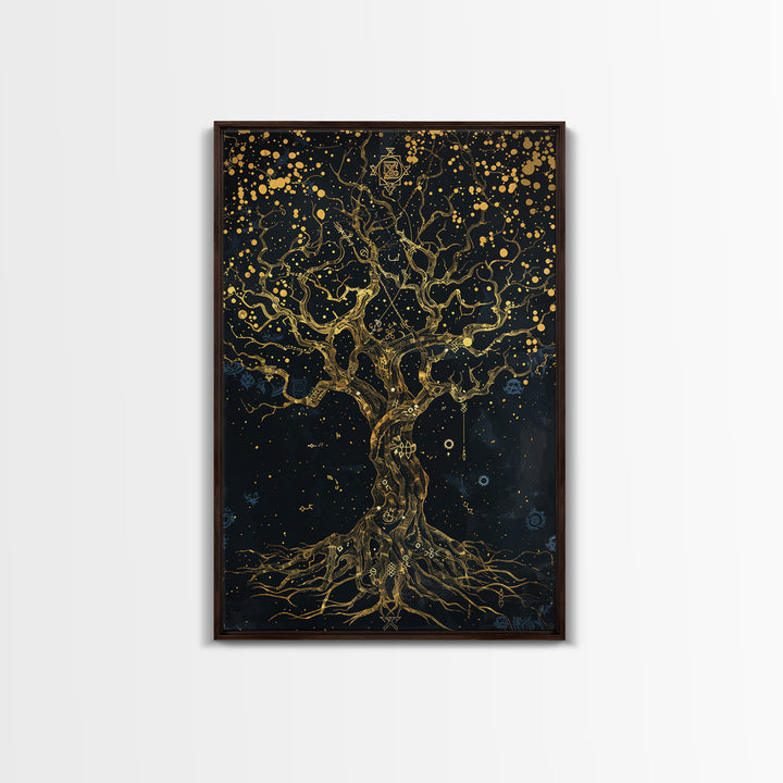 Mystical Tree Of Life Gold Canvas Art, Celestial Symbolic Nature Canvas Print, Real Wood Frame Wall Décor, Sacred Mythology Fantasy Artwork