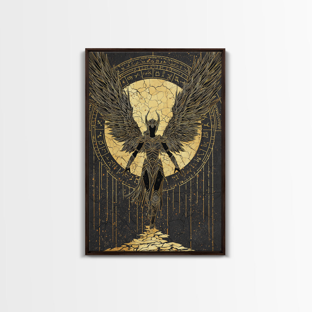 Celestial Angel Gold Canvas Art, Majestic Winged Warrior Canvas Print, Real Wood Frame Wall Décor, Divine Fantasy Statement Artwork