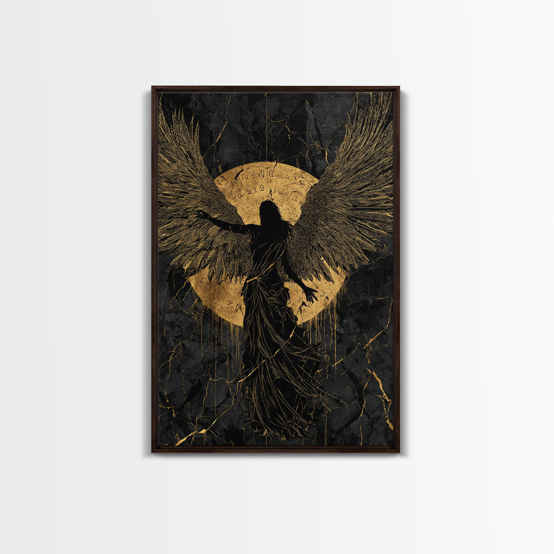 Heavenly Guardian Gold Canvas Print, Radiant Angel Art On Canvas, Real Wood Frame Wall Décor, Celestial Spiritual Artwork