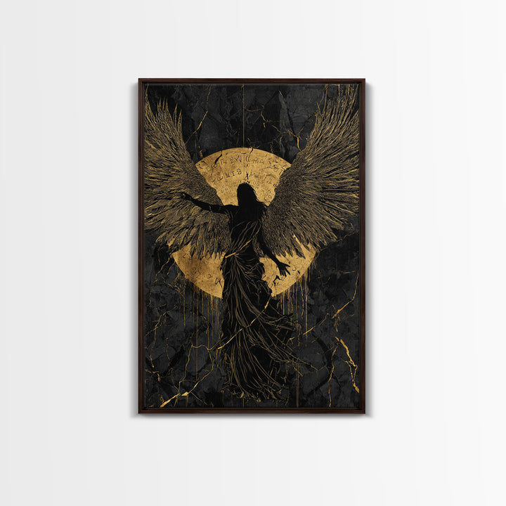 Heavenly Guardian Gold Canvas Print, Radiant Angel Art On Canvas, Real Wood Frame Wall Décor, Celestial Spiritual Artwork