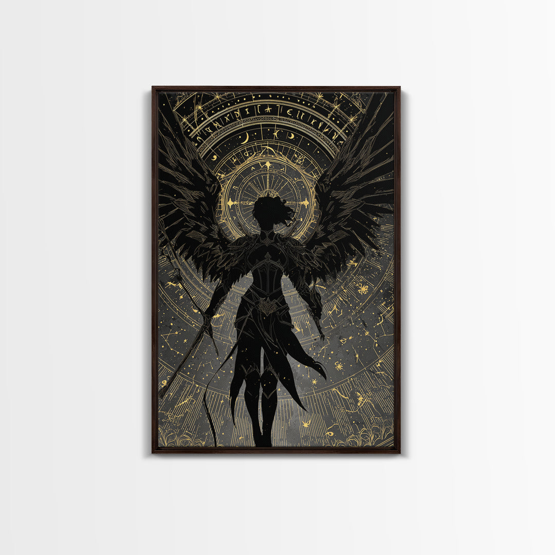 Celestial Archer Gold Canvas Art, Angel With Wings Canvas Print, Real Wood Frame Wall Décor, Divine Warrior Fantasy Artwork