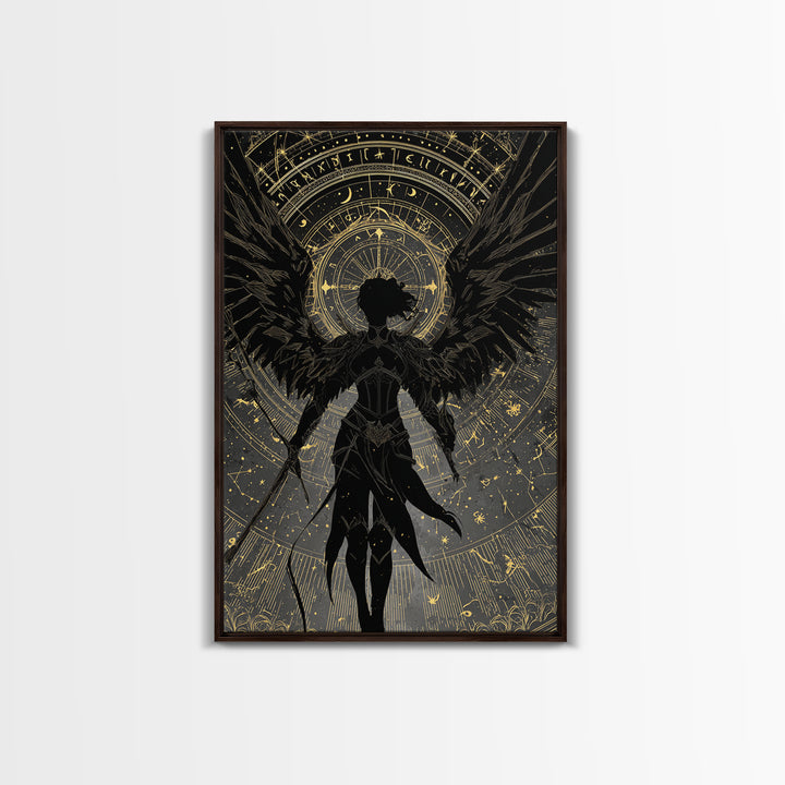 Celestial Archer Gold Canvas Art, Angel With Wings Canvas Print, Real Wood Frame Wall Décor, Divine Warrior Fantasy Artwork