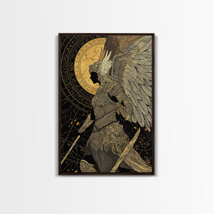 Divine Protector Gold Canvas Print, Angelic Warrior Art On Canvas, Real Wood Frame Wall Décor, Celestial Mythology Artwork
