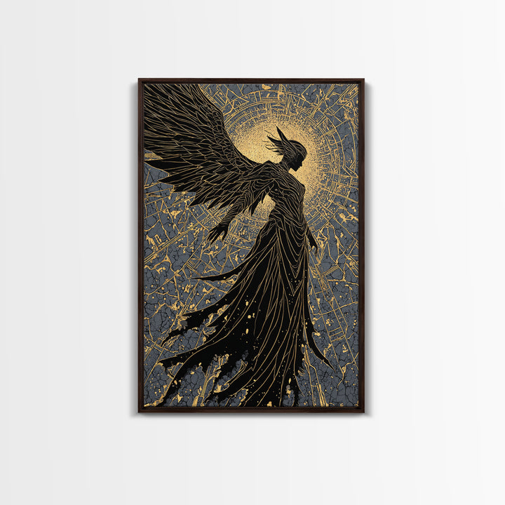 Radiant Angel Gold Canvas Art, Celestial Winged Guardian Canvas Print, Real Wood Frame Wall Décor, Mythology Fantasy Artwork