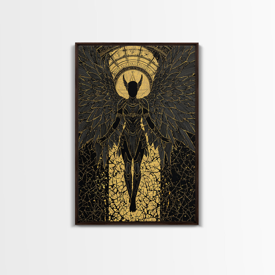 Ascendant Angel Gold Canvas Print, Winged Warrior Art On Canvas, Real Wood Frame Wall Décor, Celestial Divine Statement Artwork