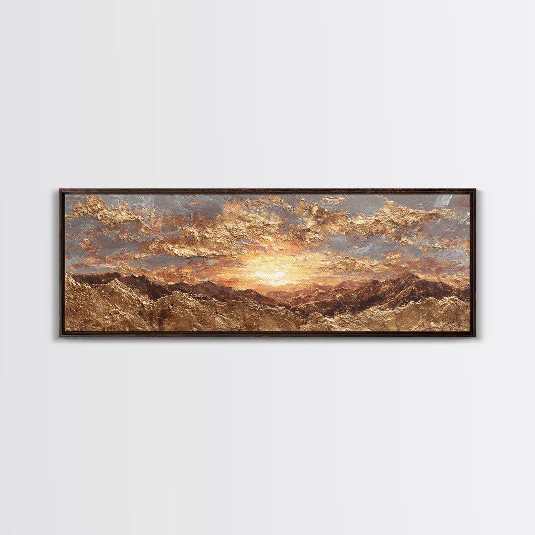 Sunlit Peaks Gold Canvas Print, Golden Mountain Sunrise Wall Art, Abstract Nature Landscape Artwork With Real Wood Frame