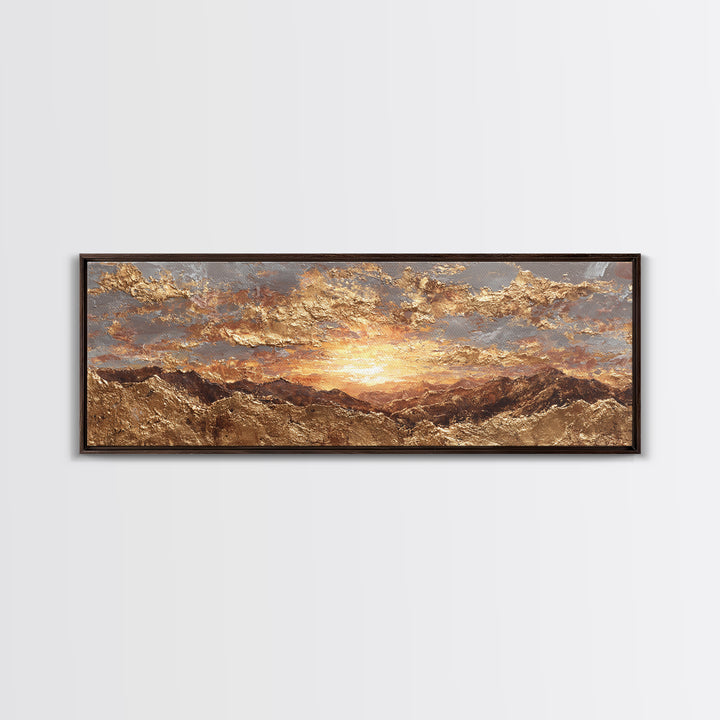 Sunlit Peaks Gold Canvas Print, Golden Mountain Sunrise Wall Art, Abstract Nature Landscape Artwork With Real Wood Frame